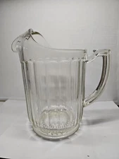 Vintage Depression Era Large 8" Clear Glass Ice Lip Spout Ribbed Water Pitcher