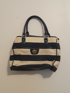 blue and white striped purse
