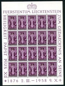 Liechtenstein #335 Never Hinged sheet Pope Pius XII Cat 17++