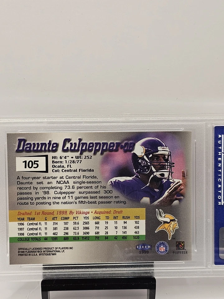 1999 Fleer Mystique DAUNTE CULPEPPER #/2999 Rookie PSA 9 Mint #105 Minnesota  - Image 3 of 3