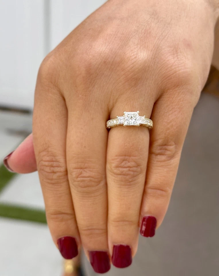 Princess Diamond Engagement Ring Three Stone IGI Certified 14k Yellow Gold 1.60 - Image 2 of 4