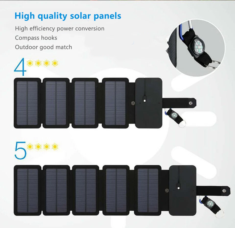 4/5P Folding Solar Panel Power Bank Charger Waterproof Outdoor Camping w/ USB - Image 3 of 4