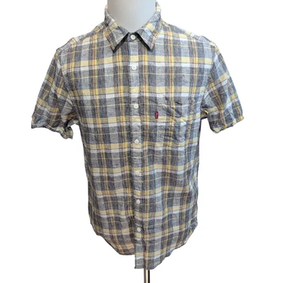 Chemise Levi's M Carreaux Jaune Gris Lin Coton Manches Courtes - Photo 1/4