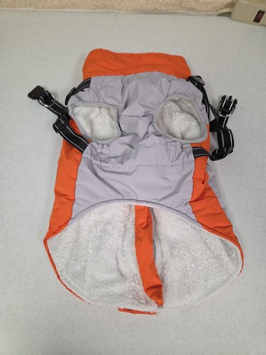 Dog Large Insulated Winter Coat With Harness Straps Orange Grey And White