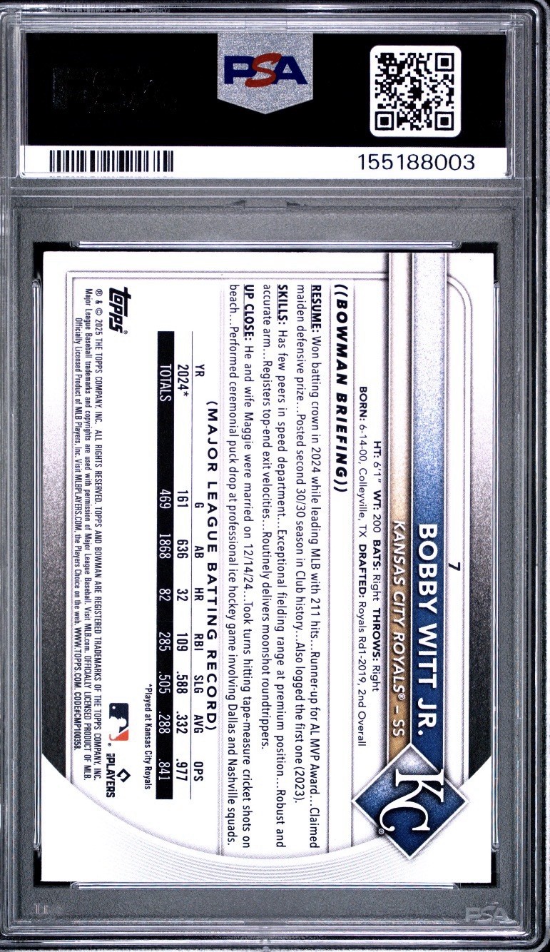 2025 Topps Bowman Bobby Witt Jr #7 Green Pattern /99 PSA 10 Kansas City view 2