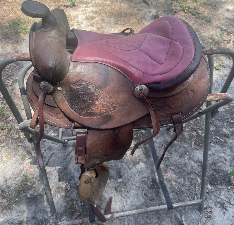 Vintage Kids Western Saddle -Hand Tooled 12 in Leather Burgundy seat AS IS 