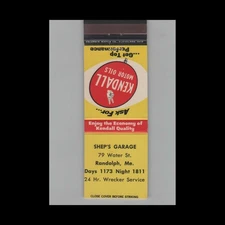 Matchbook Cover Kendall Motor Oils Shep's Garage Randolph, ME