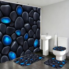 4Pcs Stone Shower Curtain Set with Toilet Lid Cover and Non-Slip Rugs for Bat...