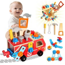 Toddler Tool Set - 33 PCS Wooden Kids Tools with Firetruck-Shaped Box / Bench...