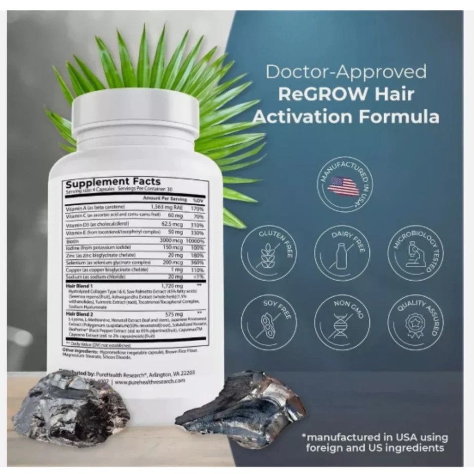 ReGrow Hair Growth Vitamins with Biotin, Hair Supplement by PureHealth Research - Image 3 of 4