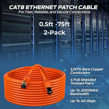 2-Pack CAT8 Ethernet Patch Cable Copper 26AWG SFTP RJ-45 0.5-75FT Orange Lot