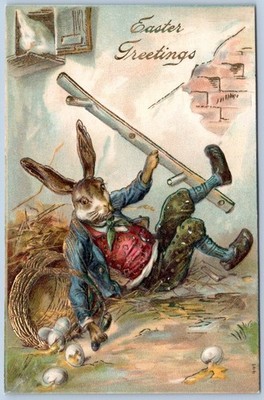 Dressed Rabbit Slips on Eggs~Drops Basket~Antique~ Easter Fantasy  Postcard~m775