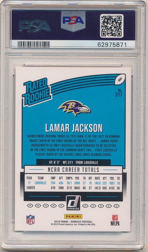 LAMAR JACKSON 2018 PANINI DONRUSS #317 RC RATED ROOKIE RAVENS SP PSA 10 GEM MINT view 2