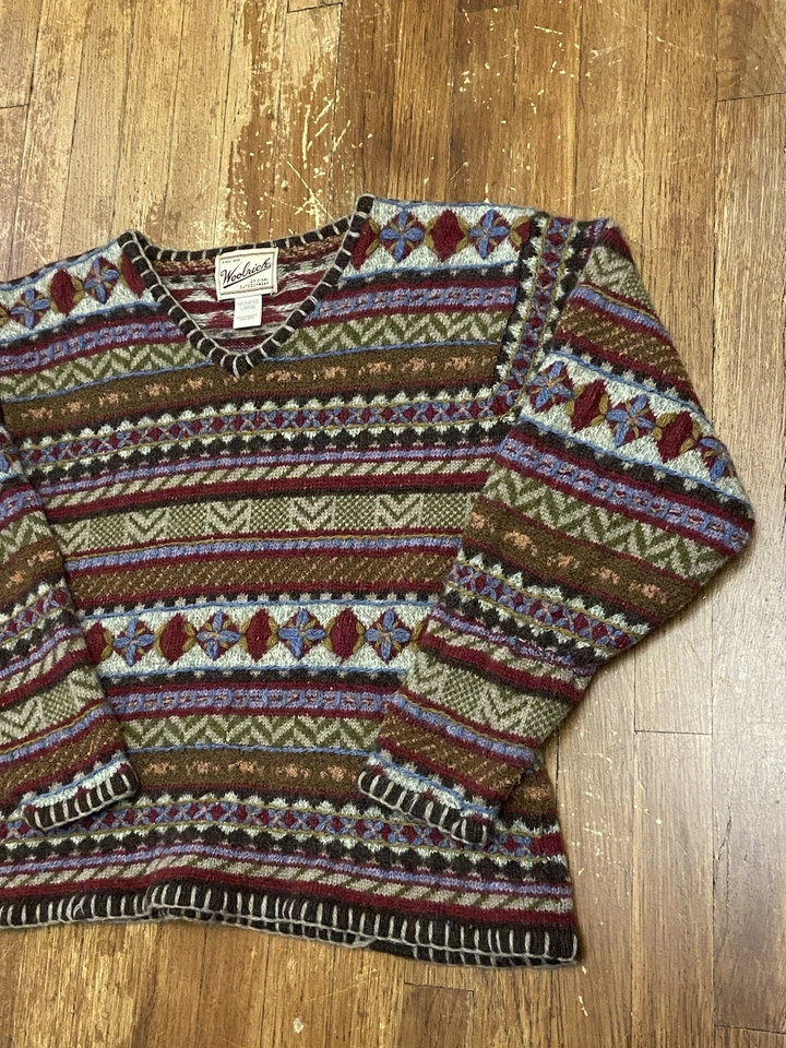 Vintage Woolrich 3D Knit Patterned Multicolor Wool Knit V-Neck Sweater Large - Image 3 of 4