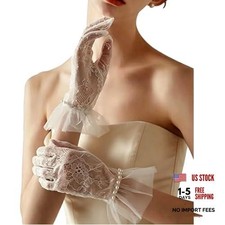 2Pairs Bridal Short Lace Mesh Gloves, Fancy Pearl Gloves for Women, Formal