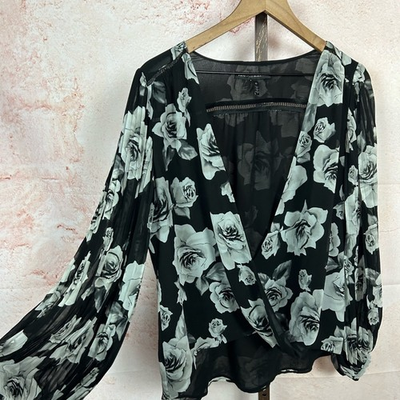 #ad #ad WHBM bold floral balloon sleeve top size 12 wrap front city date night large $16.78