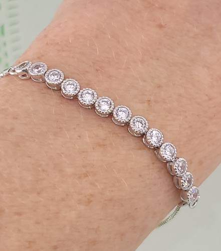 White Crystal Sterling Silver 925 Signed Slide Bolo Tennis Bracelet Box Chain - Imagen 2 de 6