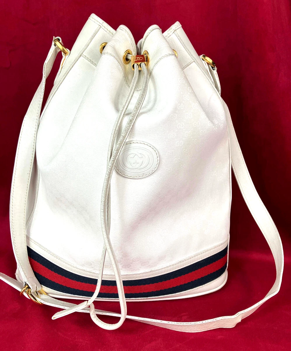RARE UNISEX Gucci White Racing Stripe GG Monogram Bucket Bag Vintage 90s Ophidia