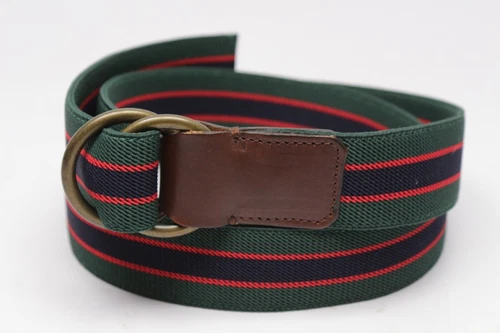 Regimental Stripe O-Ring Belt Mens M Green Navy Blue Red Elastic Leather Brass