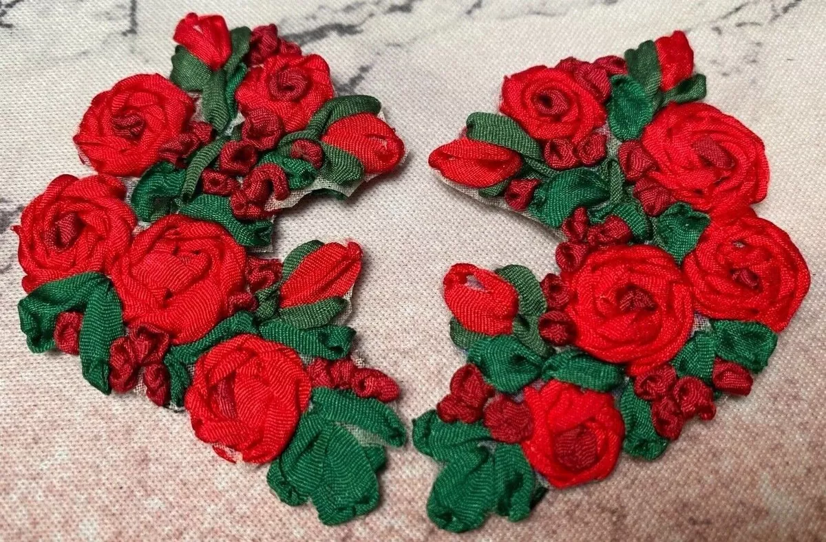 vintage ribbonwork holiday 2x 2.5 flower applique hand made 1pc made France