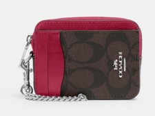 NWT COACH Zip Card Case In Signature Canvas With Chain Bright Violet C0058