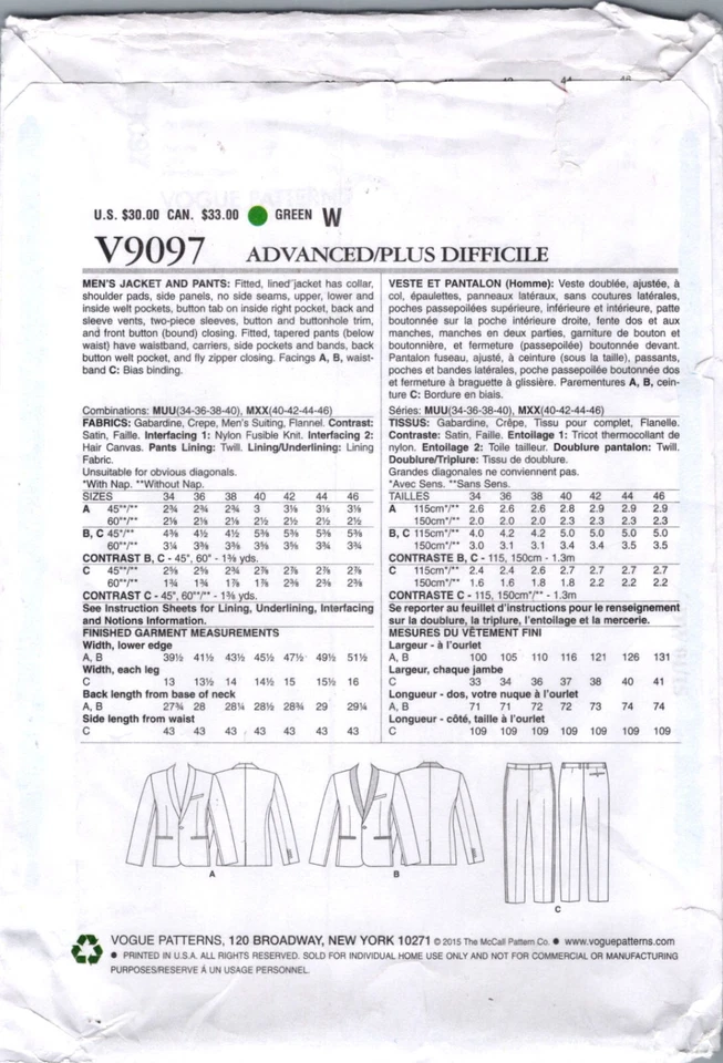 Traje formal de costura de graduación Vogue 9097 para hombre talla MXX 40 a 46 Foto 2 de 2