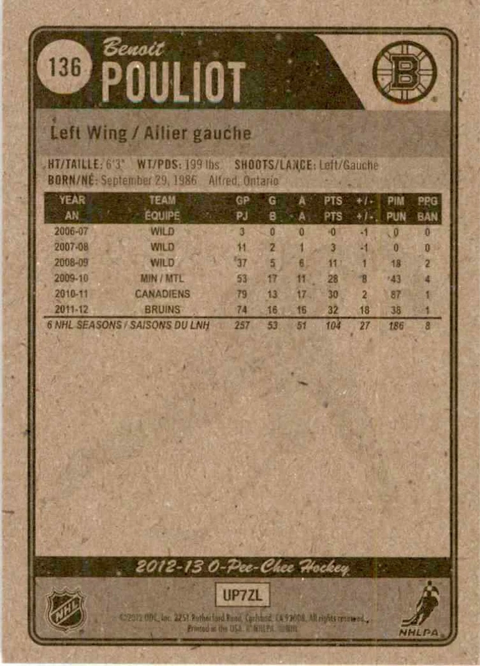 2012-13 O-Pee-Chee Benoit Pouliot #136 - Image 2 of 2