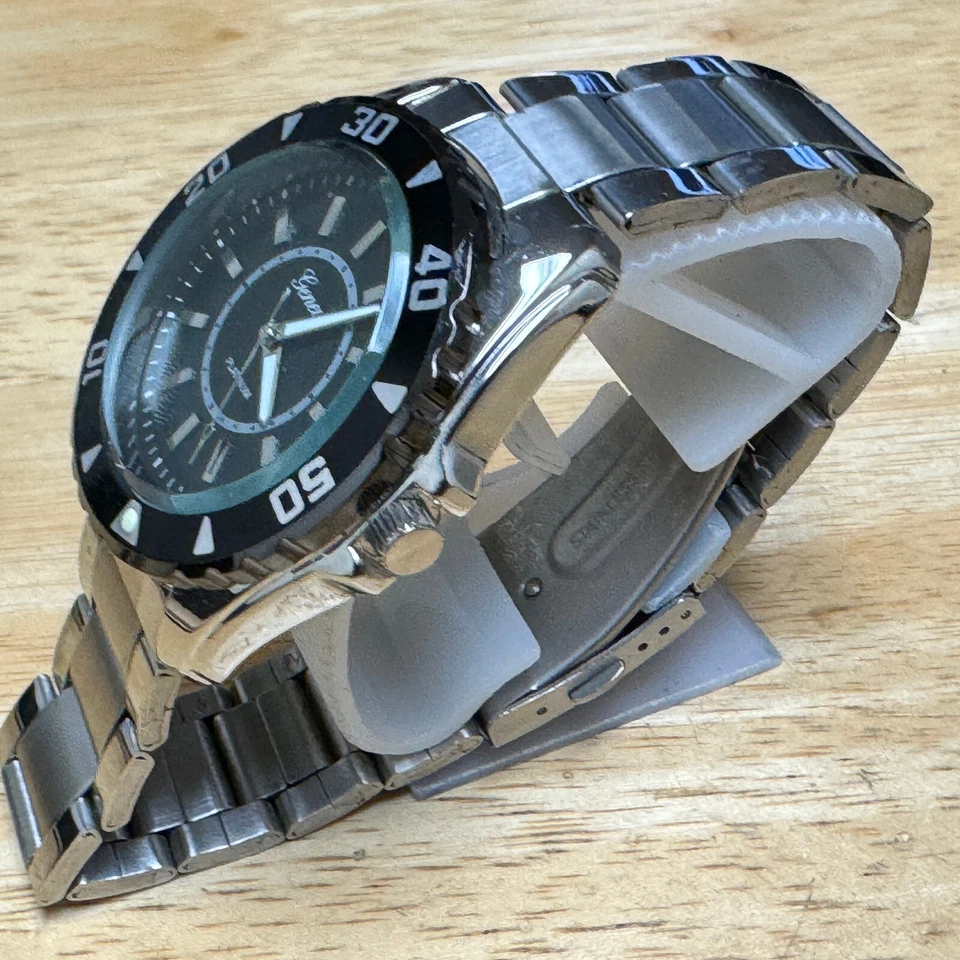 Reloj Geneva Platino Cuarzo Hombre Bisel Giratorio Plateado Negro Analógico Batería Nueva Foto 4 de 4
