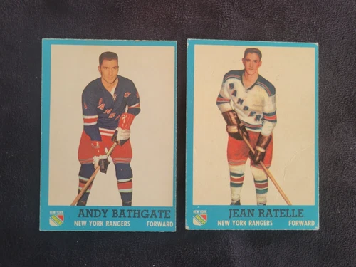 2 CARDS LOT TOPPS 1962-63 ANDY BATHGATE #52 JEAN RATELLE 2ND YEAR #58 NY RANGERS