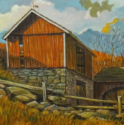 Old Autumn Landscape Oil Painting Country Barn Stone Foundation Rail Fence 15x13