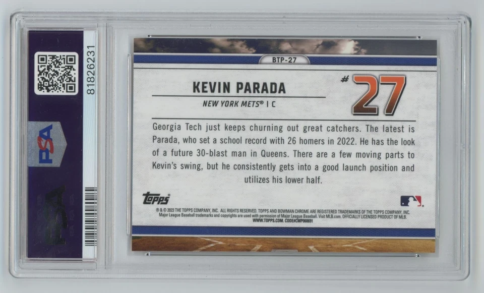 2023 Bowman Scouts’ Top 100 Orange Refractor 07/25 Kevin Parada PSA 9 New York - Image 2 of 2