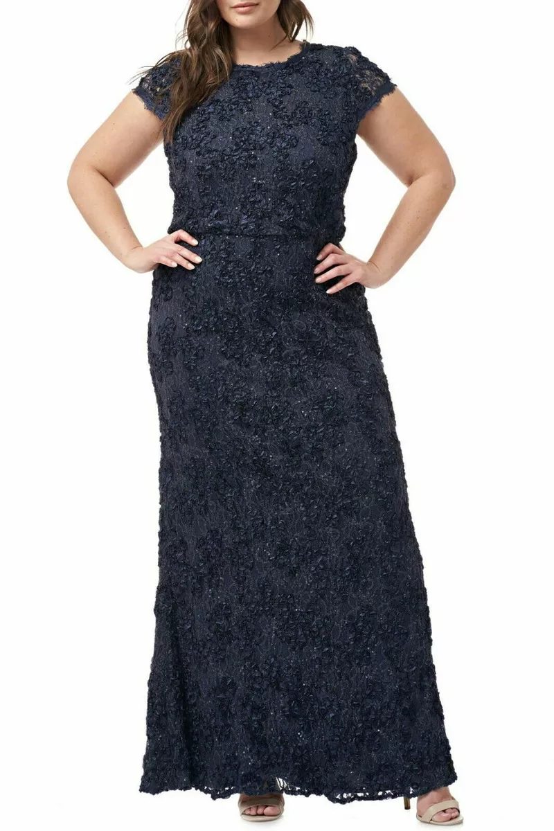 JS COLLECTIONS Navy Sequined Soutache Lace Blouson Bodycon Gown SZ 12 NEW