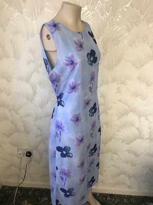 GR 16 TRUE VINTAGE 80ER KLEID GEBLÜMT MIDI BLAU LAVENDEL MARINE CHIFFON OLD STOCK