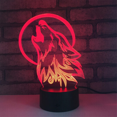 Wolf Roar 3D Night Light 7 Color Change LED Desk Lamp Touch Room Decor