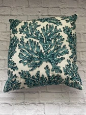 COASTAL COLLECTION Pillow Embroidered & Beads CORAL REEF Aqua Turquoise￼