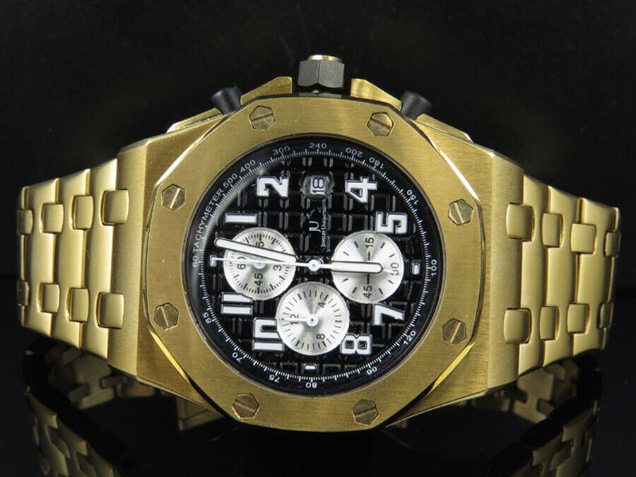 Men's Solid Yellow Gold Finish Steel Black Dial Chronograph Watch