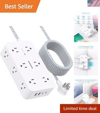 10 Ft Flat Plug Power Strip: 12 Outlets, 4 USB Ports, Wall Mount Design