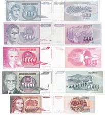 Yugoslavia 1992 - set 5 pcs 100+500+1000+5000+10000 Dinars Pick 112-116 UNC