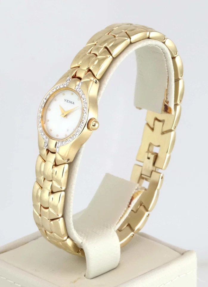 NUEVO YEMA by Seiko YM 874 reloj vintage de cuarzo dorado circonita cúbica para mujer en caja de madera Foto 3 de 4