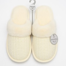 Amanda Blu Ivory Knit Slippers Faux Fur Trim Size Medium 8/9 US Women  s NWT