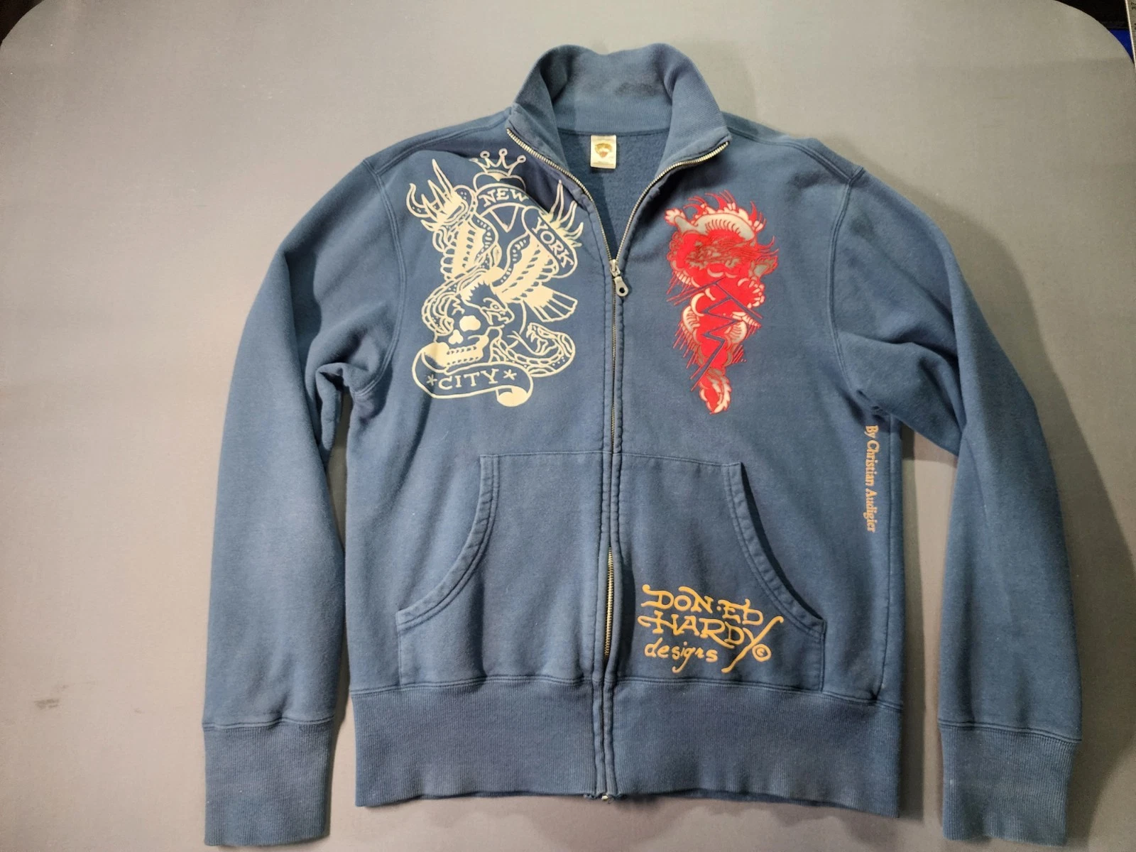 Y2K Ed Hardy Mens L Zip Up Jacket Blue Coat Hip Hop Rap Japanese Tattoo Skull 90