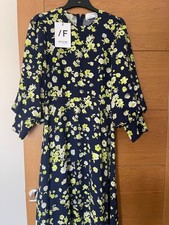 Selected Femme Navy & Yellow Floral Long Dress Blouson Sleeves Size UK 6