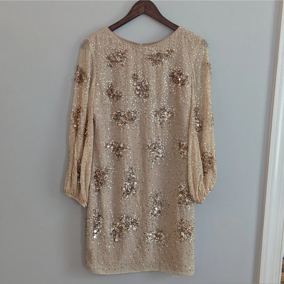 Vestido recto para mujer Badgley Mischka dorado con cuentas 4 cócteles Foto 2 de 4