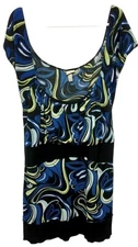 Venezia 26/28 top blue black abstract print scoop neck stretch short sleeve