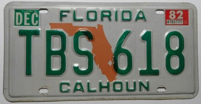 USA Nummernschild Florida ''CALHOUN'' County mit Brown Map mit Sticker 1982.