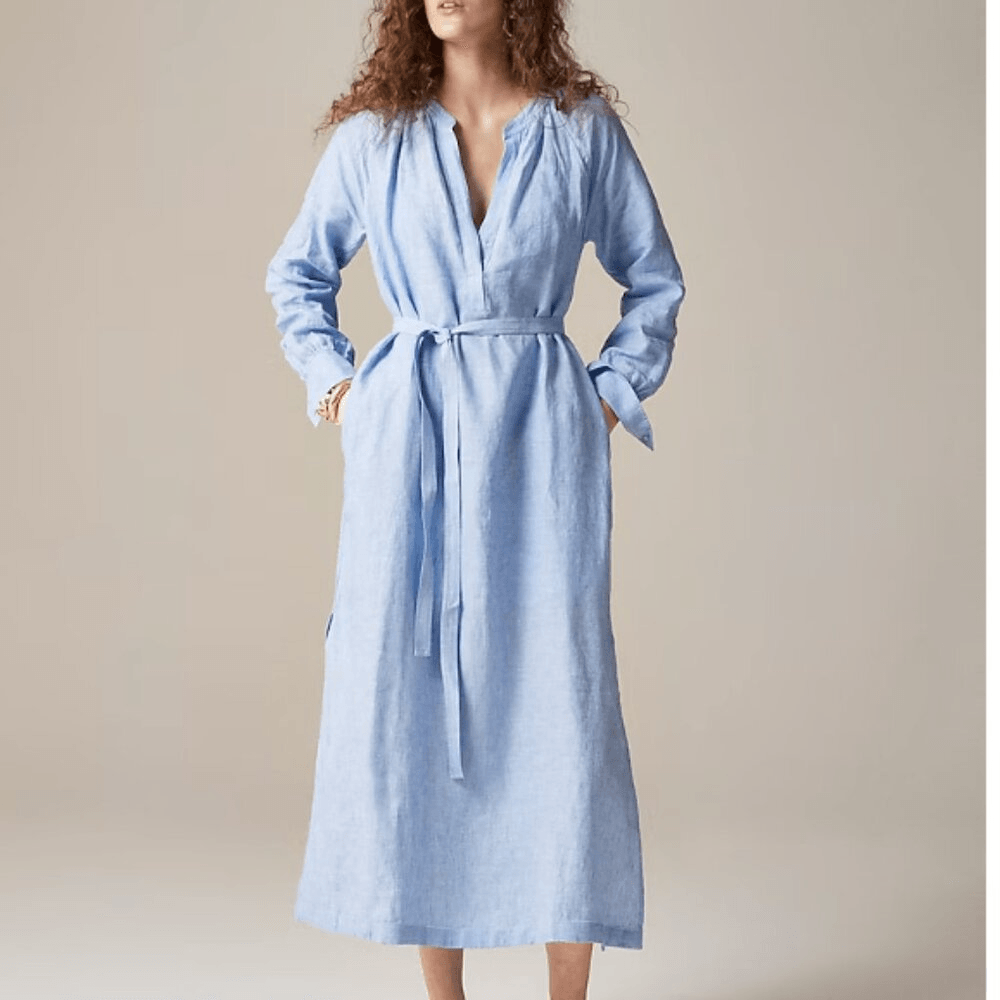 J. Crew 100% Linen Cabana Maxi Dress Long Sleeve Sz XS petite