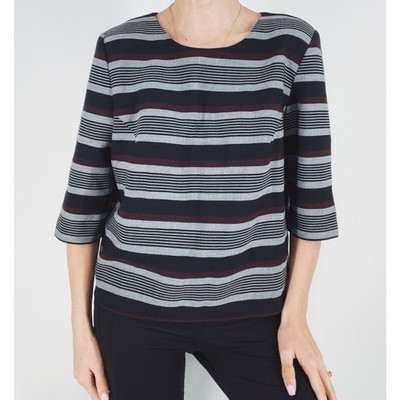 Promod Black Striped Quarter Sleeve Zip Back Blouse Size 10