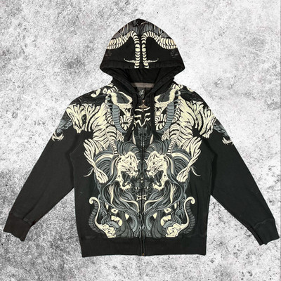Fox Racing Graphic Y2K Street Zip Hoodie Black All-Over Myth/Skull Style Print