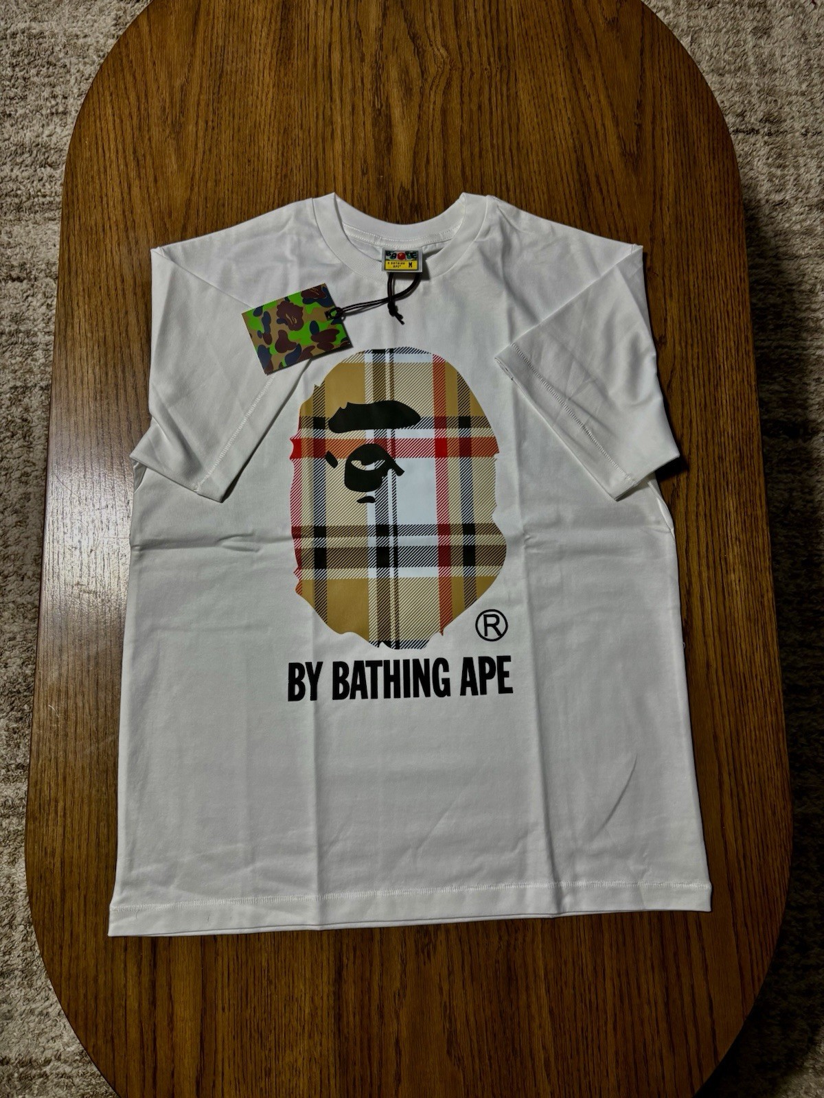 A Bathing Ape Plaid Logo White Cotton Men's T-Shirt Crew Neck Size M