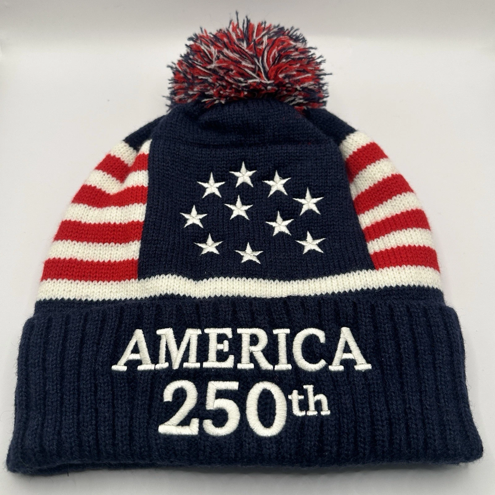 United States 250th Anniversary Pom Pom Beanie, Red White Blue Ski Hat
